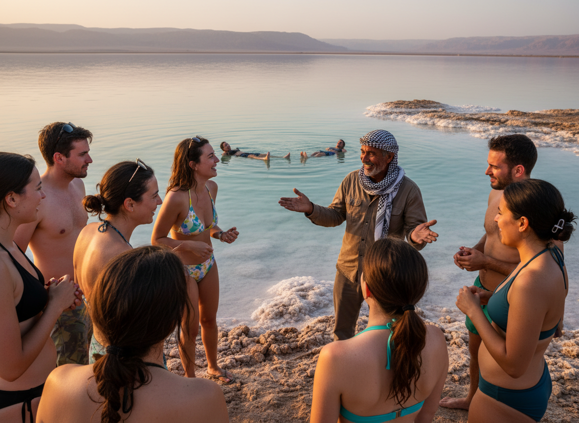 Guide with travelers at Dead Sea