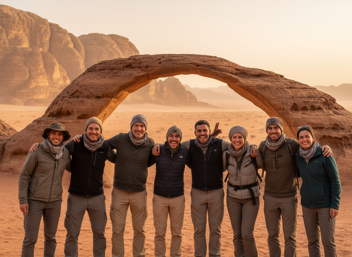 Happy travelers at Wadi Rum landmark